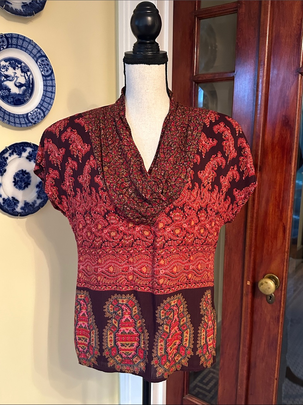 Componix | VTG Paisley Boho Cowl Neck Short Sleeve Top Red Burgundy, Size 8